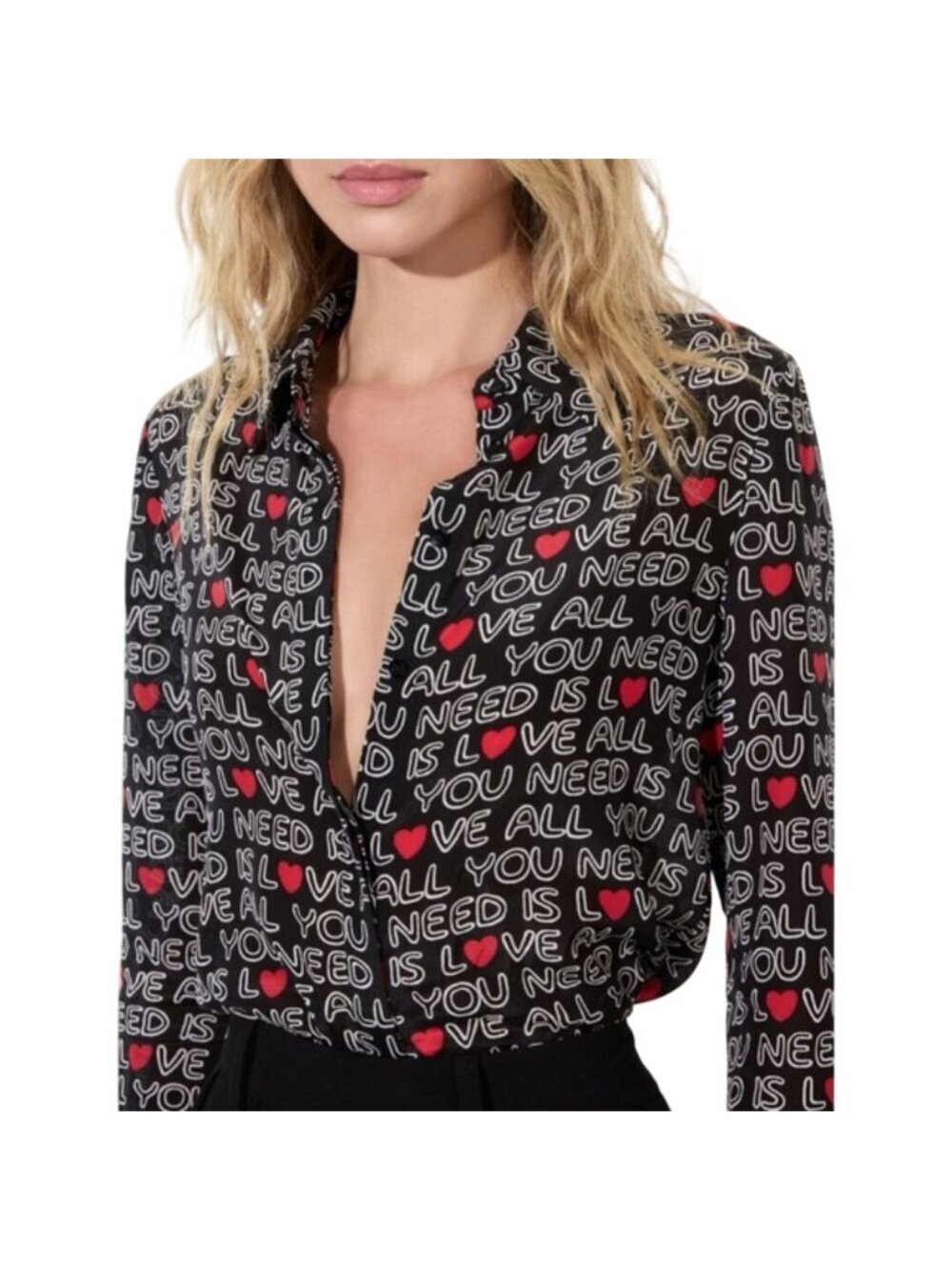 Alice + Olivia NWT Willa Beatles All You Need Is Love Placket Silk Shirt Size XS